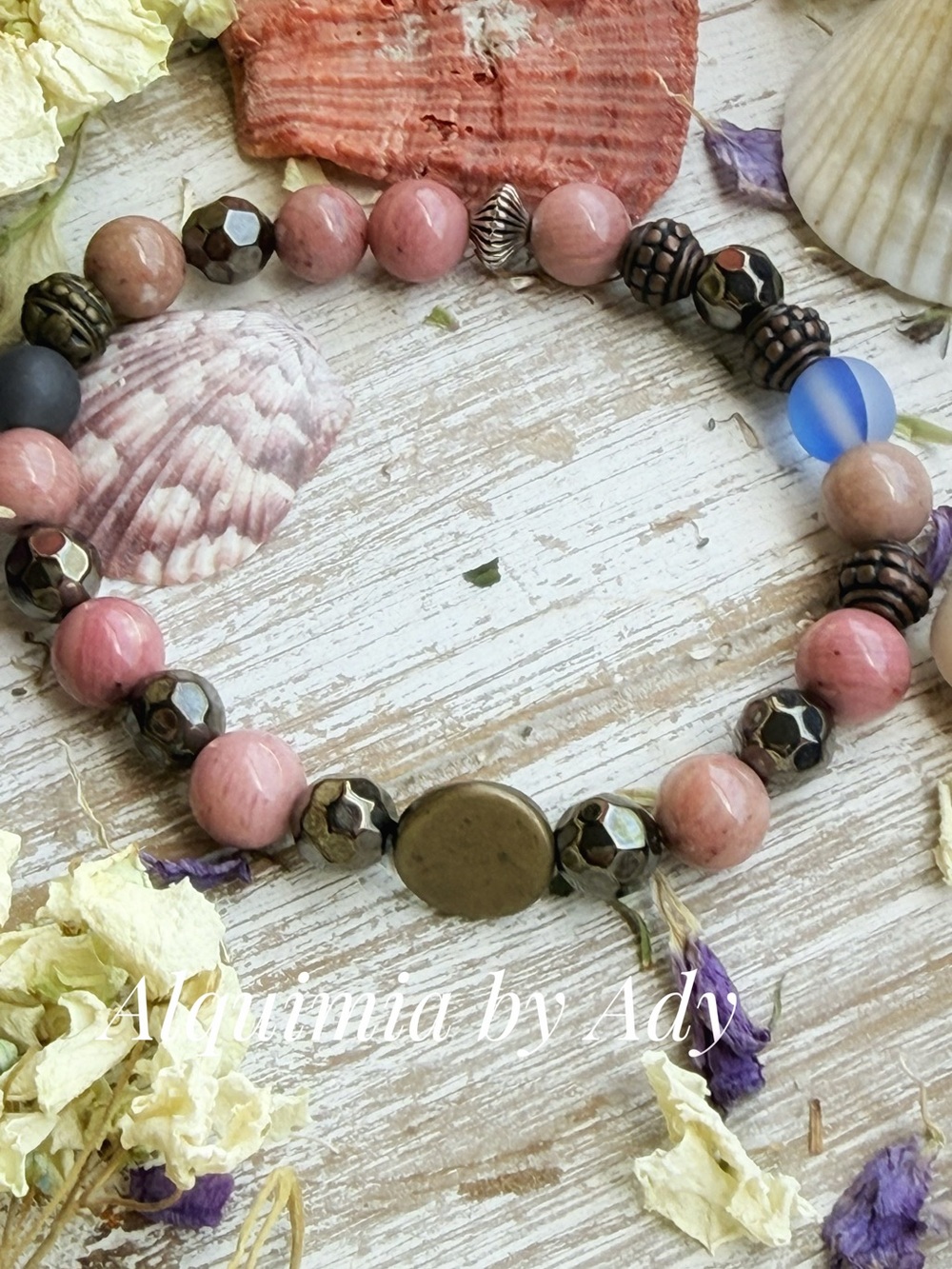 Fall + brass +Rhodonite beaded bracelet - Picture 2 of 10